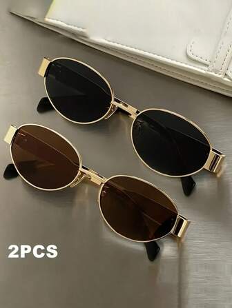 2pcs/1pc Women's Fashion Eyeglasses Set, Retro Oval Metal Frame, Unisex Glasses Suitable For Daily Commute, Photography Decoration And Fashion Choice