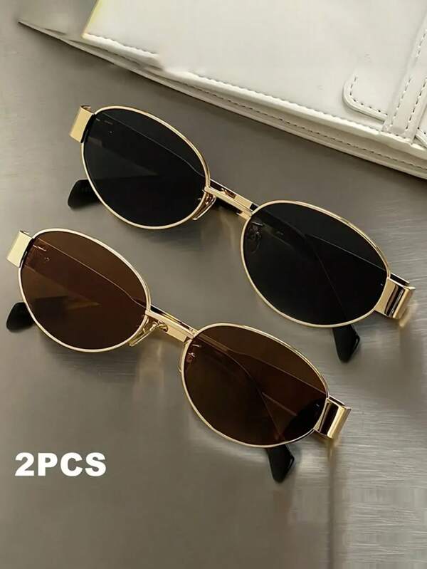 2 pièces/1 pièce Ensemble de lunettes de mode pour femmes, monture métallique ovale rétro, lunettes unisexes convenant pour les déplacements quotidiens, la décoration photographique et le choix de la mode