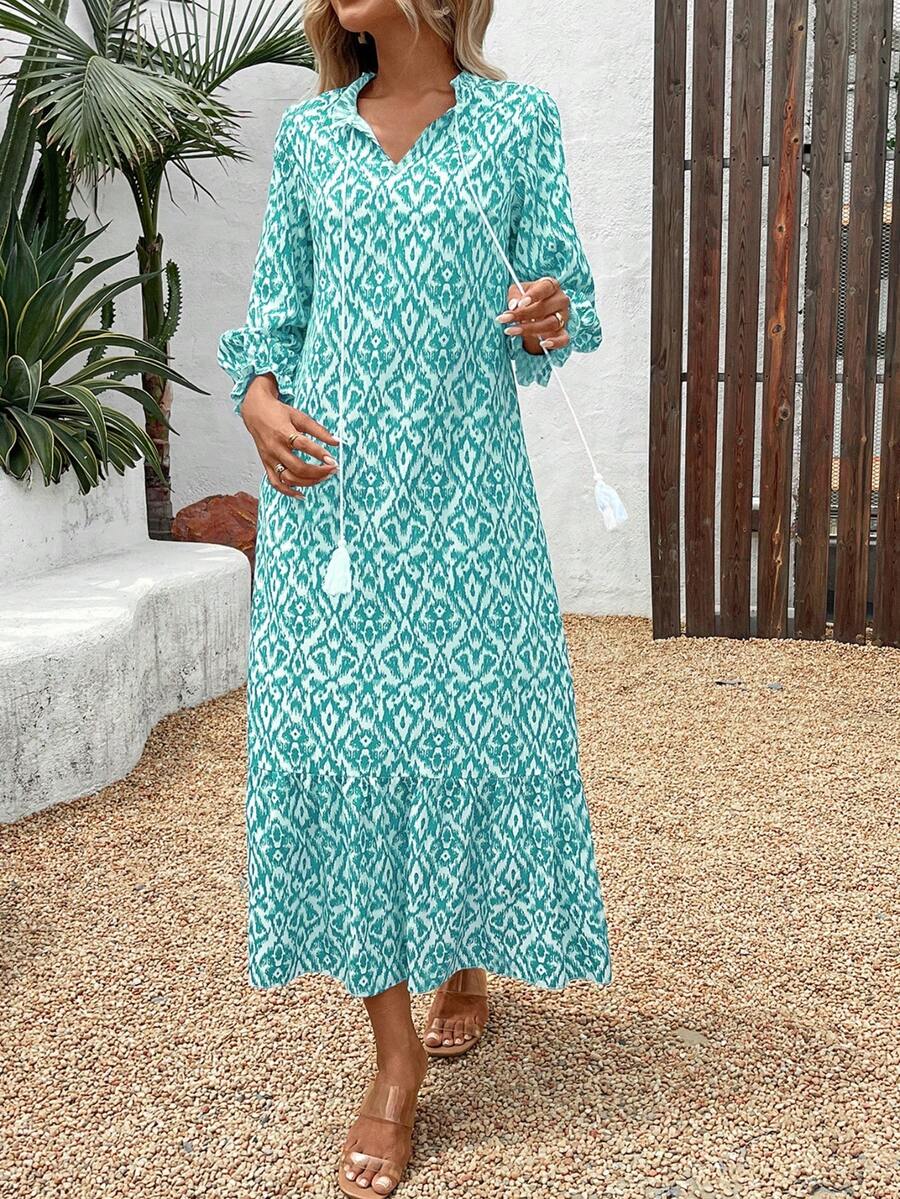 Đầm dài tay in hoa cổ chữ V tay dài cho nữ - Màu xanh lam - Xem 1