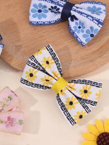 8件組兒童刺繡花朵髮夾，小花刺繡印花髮夾，緞帶鱷魚夾，青少年髮飾 - 彩色 - 查看 4