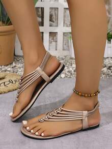 Giày sandal đế bằng bằng da PU có dây thun đính hạt cho nữ, thời trang Bohemian, tiệc tùng ngoài trời, bãi biển, mùa hè - Rượu sâm banh - Xem 5