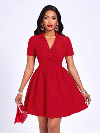 Women's Summer New Fashionable Elegant Solid Color Short Sleeve Lapel Twist Dress, Is The Deterioration Of Sweet Dates, Vacation Leisure, Daily Shopping