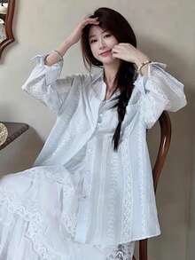 女士轻盈凉爽蕾丝防紫外线衬衫，宽松吊带上衣，带图案刺绣（随机条纹图案） - 藍色 - 查看 4