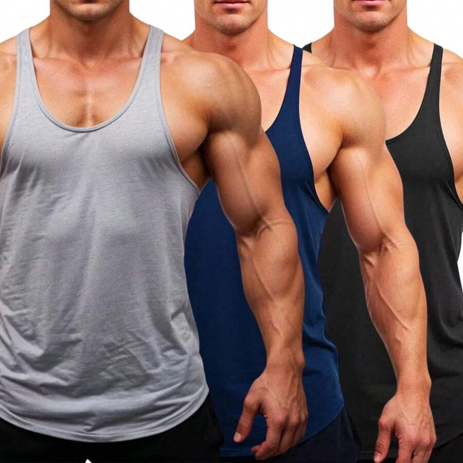 CHIELLA SPORTS Kit 03 Men's Scoop Neck Tank Top Workout Gym Fitness Bodybuilding - Xám/Xanh/Đen - Xem 1