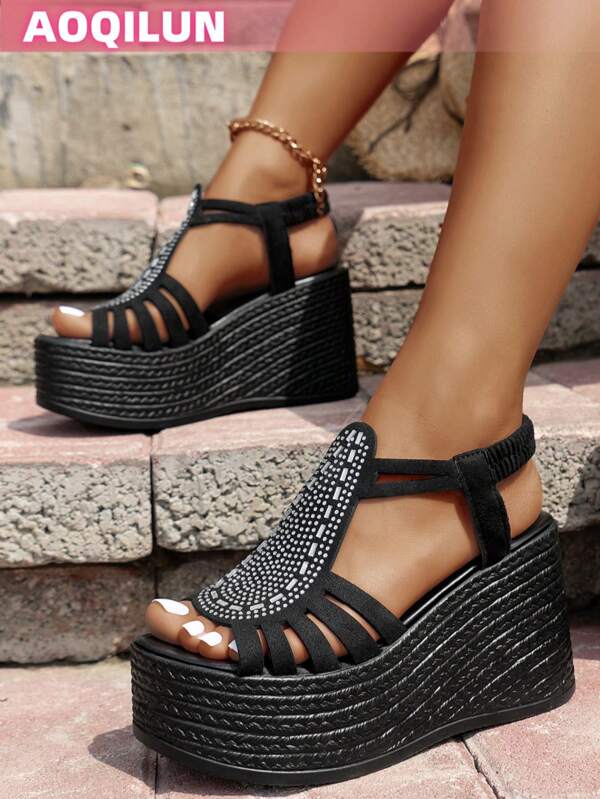 aoqilun [Aoqilun] Women Thick Soled High Heel Sandals - Platform, Open Toe, Slip-On Thick Heel Shoes, With Shiny Decoration, Synthetic Upper, Rubber Sole, Fashionable Outdoor Shoes