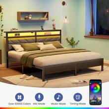 GREENSTELL Bed Frame  With Charging Station, LED Bed With Upholstered Storage Headboard, Metal Platform Bed With Under Bed Storage, No Box Spring Needed, Noise Free, Easy Assembly - 灰色 - 查看 2