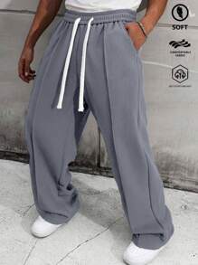 Men's Solid Color Loose-Fit Ice Silk Pants, Classic Straight-Leg Casual Pants With Drawstring Waist For Daily Wear