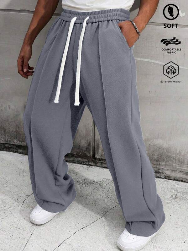 Men's Solid Color Loose-Fit Ice Silk Pants, Classic Straight-Leg Casual Pants With Drawstring Waist For Daily Wear