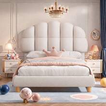 90 X 200 Cm Single Bed, Youth Bed, Upholstered Bed, With Height-Adjustable Headboard, Wooden Slatted Frame, Round Wool Fabric, White - 米色 - 查看 2