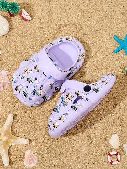 1双春夏女童舒适时尚休闲轻便可爱卡通印花户外沙滩凉鞋，紫色