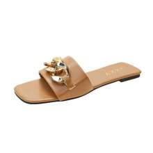 2024 New Fashion Women's Slippers Square Toe Chain Slippers Flat Slide Sandals Beach Flip Flops Metal Dration Casual Shoes