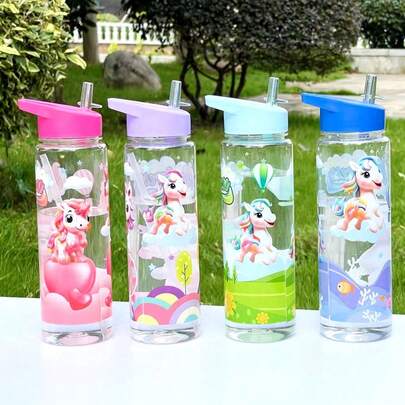 1 新款800ml儿童可爱透明卡通印花吸管杯便携学校户外运动水壶便携吸管杯学生返校用
