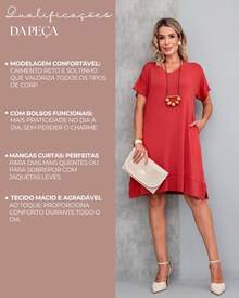 Women's Loose Dress With Functional Pockets Short Sleeve Casual Minimalist Comfortable Basic - 紅陶 - 查看 7