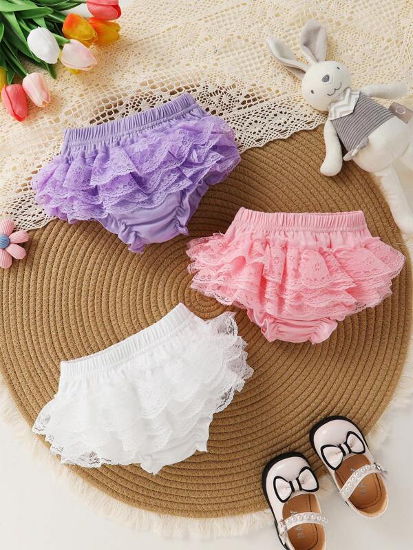 3pcs Set Elegant & Fashionable Cute Baby Girls Lace Shorts Set, Soft, Breathable, Comfortable, With Lace Trim Elastic Waist Shorts, Suitable For Photography, Party And Casual Wear