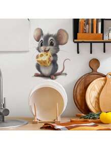Kitchen Stickers/Decorative Stickers Cheese Cute Little Mouse Stickers Waterproof And Dustproof Stickers, 1 Piece Pvc Material Removable Wear-Resistant Stickers, Wall Stickers 11.4*9.8 Inches, Suitable For Kitchen Decoration, Wall Decoration, Restaurant Decoration, Interesting Birthday Gifts, Graduation Gifts, Make Your Home A New Look