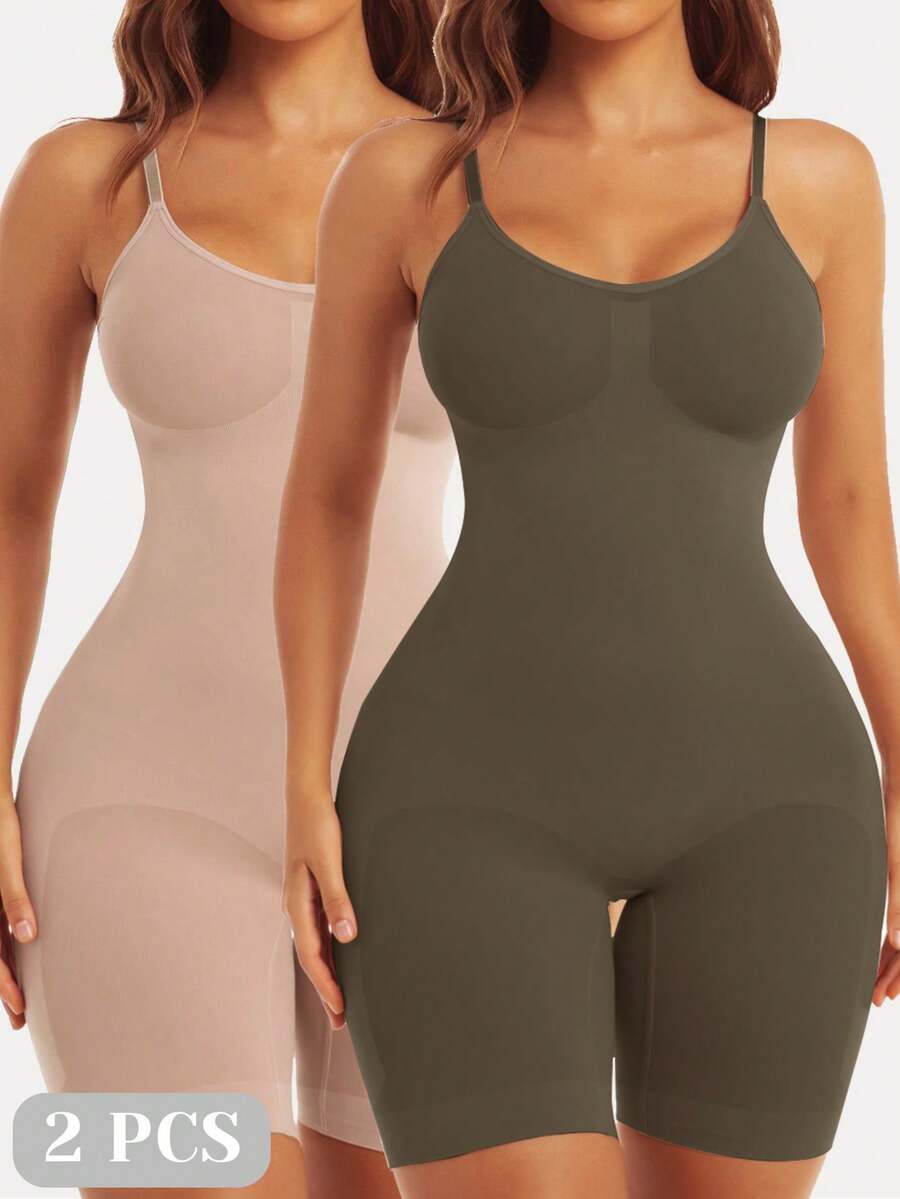 2PCS Women's Solid Backless Seamless Shapewear Romper, Full Body Shaper Sculpting Shaping Tank Top Tummy Control Hip Lifting Shaper For Yoga, Daily Wear, Ladies Shapewear For All Seasons - Màu da/nâu - Xem 1
