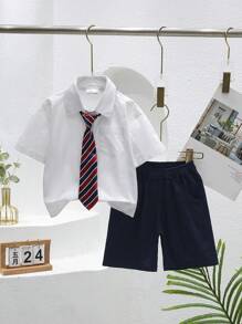 3pcs/Set Boys Summer Outfit: Loose-Fit Short Pants, White Shirt With Tie, Suit Set, Suitable For Party, Birthday, Gathering