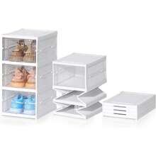 6 Tier Plastic Shoe Storage Box Stackable Foldable Boxes Trainers Organiser - White - View 7