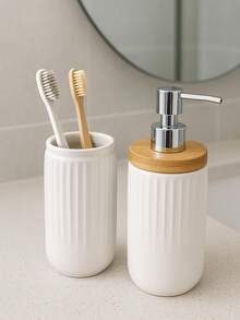 2-Piece Ceramic Bathroom Accessories Kit With Toothbrush Holder And Liquid Soap Holder - 白色 - 查看 1