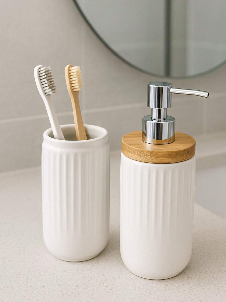 2-Piece Ceramic Bathroom Accessories Kit With Toothbrush Holder And Liquid Soap Holder - 白色 - 查看 1