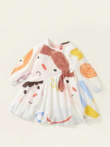 Loose A-Line Long Sleeve Knee-Length Dress, Casual For Gaming And Vacation, Featuring Random Cartoon Prints, Cute Princess Dress, Suitable For Young Girls, Fashionable Design With Vibrant Colors