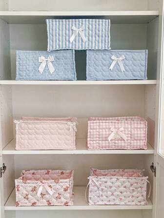 1pc Square Cute Bow-Knot Plaid Quilted Storage Basket, Suitable For Desktop Organization, Bedroom, Living Room, Miscellaneous Items, Cosmetics Storage, Multi-Functional Large Capacity, Home Decor, Birthday Gift, Anniversary Gift, Mother's Day Gift, Travel Essential, Ladies Travel Makeup Bag