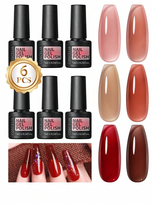 coscelia 6PCS Pink Red Brown Jelly Gel Nail Polish Starter Kit 7ML Ice Translucent Soak Off UV/LED Nail Gel Polish, 6Colors Gel Nail Polish Kit For Nail Beginner DIY Nail Art Salon Set