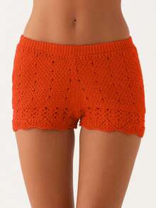 Women Knit Shorts, Elastic Waist Hollowed Solid Slim Fit Summer Shorts Casual Shorts - trái cam - Xem 2