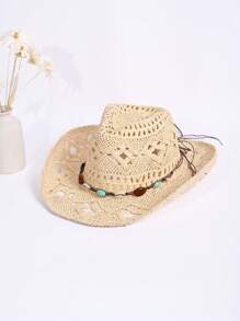 1 Peça Chapéu do Panamá Boêmio de Cor Sólida com Contas e Recortes, Chapéu de Sol Decorativo Casual com Proteção UV, Moda Combinável para Atividades ao Ar Livre, Todas as Estações