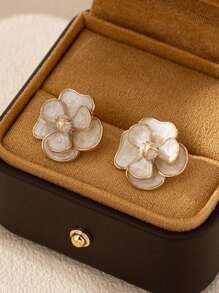 1 Pair Flower Stud Earrings With Metal Rim, Minimalist & Fashion
