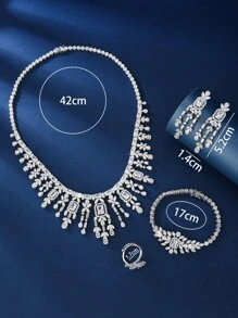 4pcs Set Silver Fashional Cubic Zirconia Necklace Earrings Bracelet Open Ring, Elegant For Ladies Everyday Wear