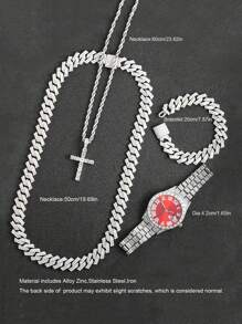 CVNANA 4pcs/Set Men's Watch And Hip Hop Cuban Chain Necklace Bracelet Set (Without Gift Box)