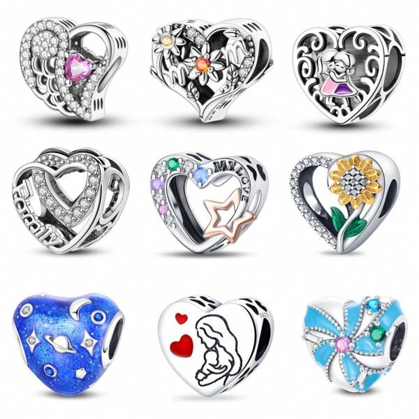 1 Piece 925 Sterling Silver Heart Wings Beads, Sisters Vintage Heart Beads, Sunflower Daisy Heart Beads, Star Heart Beads, Love Statement Earth Moon Heart Beads, Suitable For Bracelets DIY Jewelry Making Dating Gifts Sweet Style Jewelry, Jewelry Gifts For Men And Women
