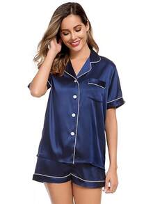 Womens Silk Satin Short Sleeve Loungewear Two-Piece Sleepwear Button-Down Pj Set - Navy Blue-03 - View 2