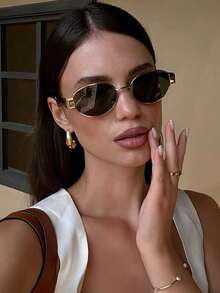 一副椭圆形时尚女士眼镜，复古别致金属框黑色时尚眼镜，旅行和海滩配饰，秋冬季基本款，商务休闲皆宜，可作礼物，学院风，返校季必备 - 黑色 - 查看 6