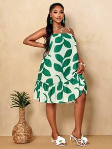 BIUBIU Rochie de vară pentru femei, Plus Size, tropicală, cu frunze verzi, sexy, cu bretele spaghete, cu tiv în straturi, scurtă, plajă, casual, de vacanță, elegantă - Verde - Vizualizare 5