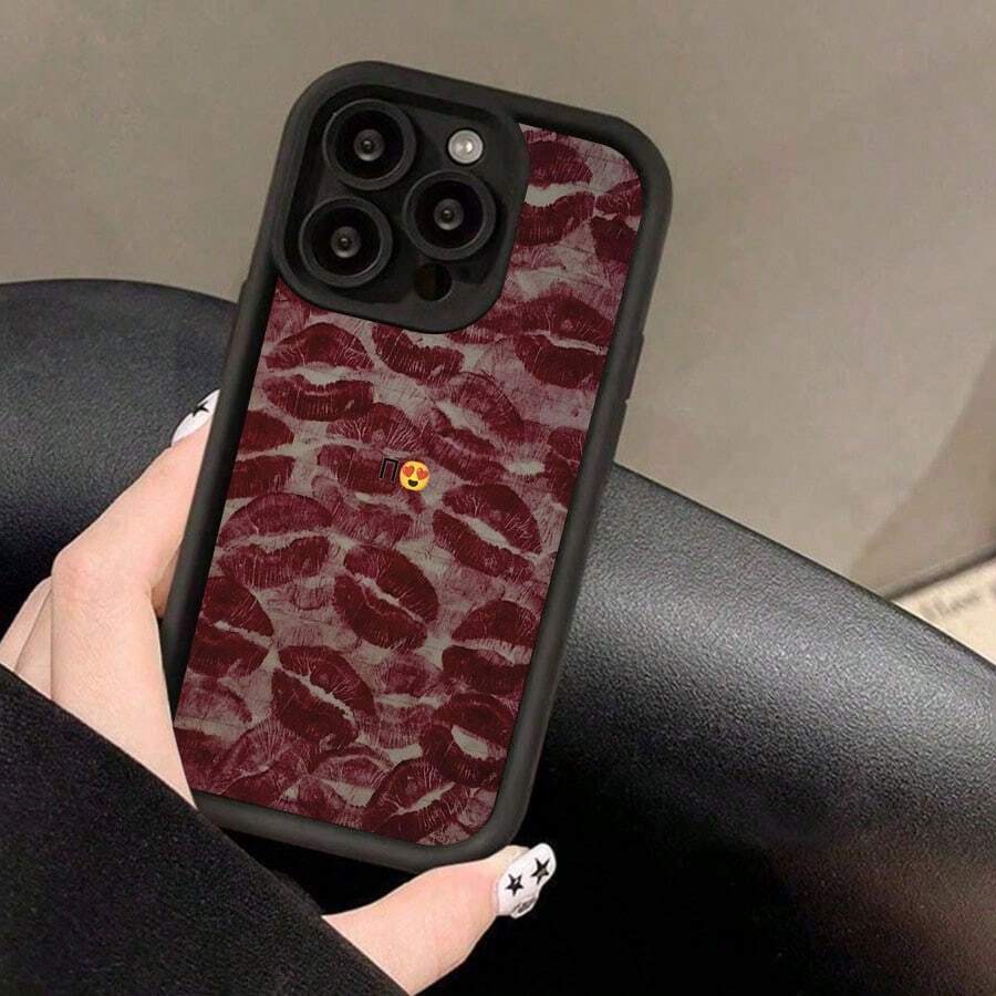 Red Lipstick Kisses Background Pattern Love Black Phone Case For IPhone X/XS/11/12/13/14/15/16 Pro- Sleek & Durable Cover For Cool Guys & Girls, Anti-Scratch With Full Camera Protection- Perfect Unisex Gift,Stylish & Durable- Perfect Gift For Him/Her - Black - View 1