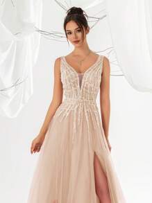 VIPGIRL Elegant Pink Sequin Sheer Formal Dress, Deep V-Neck, High Slit, Sleeveless A-Line Formal Gown