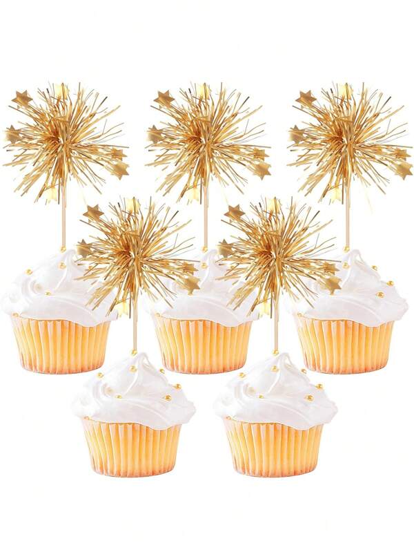 10pcs Aluminium Foil Cupcake Toppers, Shiny Metallic Firework Decorative Picks, Birthday Cake Hats, Drink Stirrers, Cocktails, Fruits, Suitable For Valentine's Party, Gold