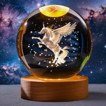 3D Laser Engraved Unicorn Statue Crystal Ball Night Light - Automatic Color Changing Wooden Base, Glass Ball Lamp Home Decoration, Unique Gift For Christmas, Valentine's Day, Easter, Thanksgiving, And Family Gatherings