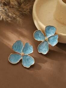 Summer Turquoise Women's Zinc Alloy Stud Earrings - Hawaiian 4-Petal Flower Design Bohemian Style Enamel, Suitable For Beach Vacation