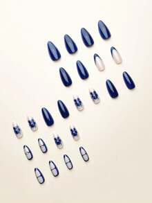 24 件简约蓝色花朵水晶杏仁形美甲设计，适合女士和女孩，情人节美甲配件按压式美甲用品美甲
