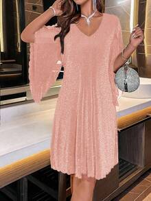 Women's Fashionable Party Cloak Sleeve Sequin Dress - Pink - View 5