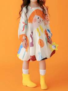 Loose A-Line Long Sleeve Knee-Length Dress, Casual For Gaming And Vacation, Featuring Random Cartoon Prints, Cute Princess Dress, Suitable For Young Girls, Fashionable Design With Vibrant Colors