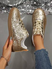Nouvelles baskets casual pour femmes, chaussures de mode polyvalentes à bout rond pailleté avec lacets, plates et confortables pour femmes