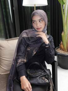 1 pièce Foulard imprimé de peinture à l'aquarelle, style bohème Foulard musulman femme imprimé marbré doré, foulard en mousseline de mode léger, convient pour abaya, toutes saisons