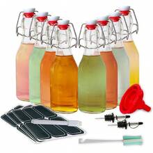 Botella de vidrio con tapa abatible [1 litro / 33 onzas líquidas] [Paquete de 4] - Botella con tapón para bebidas, aceite, vinagre, kombucha, agua, refrescos, kéfir - Tapa hermética y cierre a prueba de fugas - Transparente - 8 - Ver 8