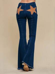 Women Back Stars High Waisted Flared Jeans Summer Y2k Star Pattern Raw Hem Slim Fit Bell Bottomed Denim Pants Vintage Jean Streetwear 4th Of July Outfits Independence Day Clothes - 深色水洗藍 - 查看 3