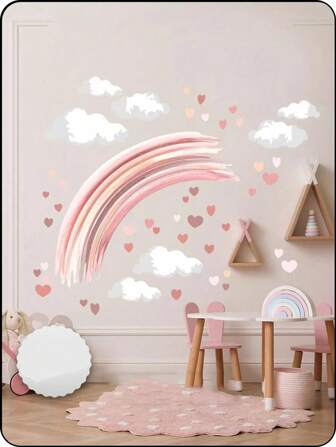 1pc Heart, Rainbow & Cloud Cartoon Wall Decal For Kids Room Bedroom Headboard, Removable Moisture-Proof Self-Adhesive Wall Sticker, Suitable For Nursery And Home Decor