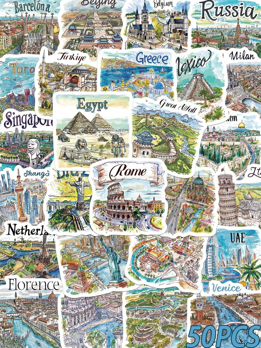 50 pièces Autocollants de carte de voyage peints à la main, autocollants de paysages artistiques minimalistes et créatifs, convenant pour les cahiers, sacs à main, casques, motos, coques de téléphone, planches de skate, guitares - Décorations de Noël et d'Halloween et autocollants cadeaux pour les fêtes - Multicolore - Voir 1